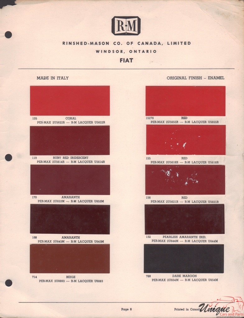 1950-1960 Fiat Paint Charts RM 6